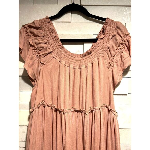 MABLE blush pink mauve tiered ruffle on/off shoulder maxi dress pockets sz L - Picture 3 of 4